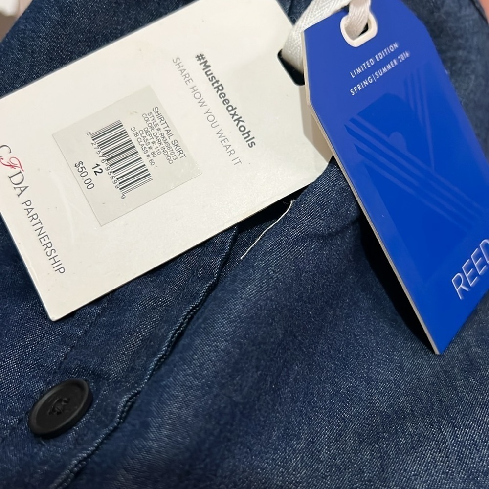Reed Brand Women’s Jean Skirt Button Up NWT Dark Blue Mini Midi Shirttail Cotton - Picture 3 of 11